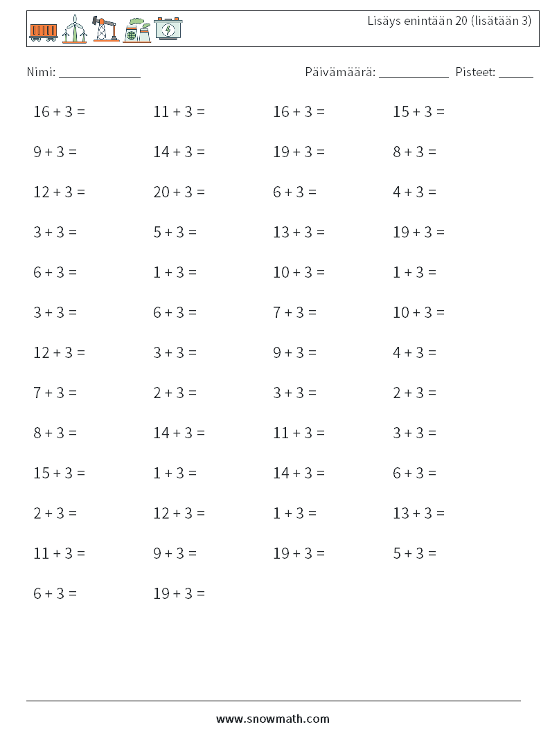 (50) Lisäys enintään 20 (lisätään 3) Matematiikan laskentataulukot 4
