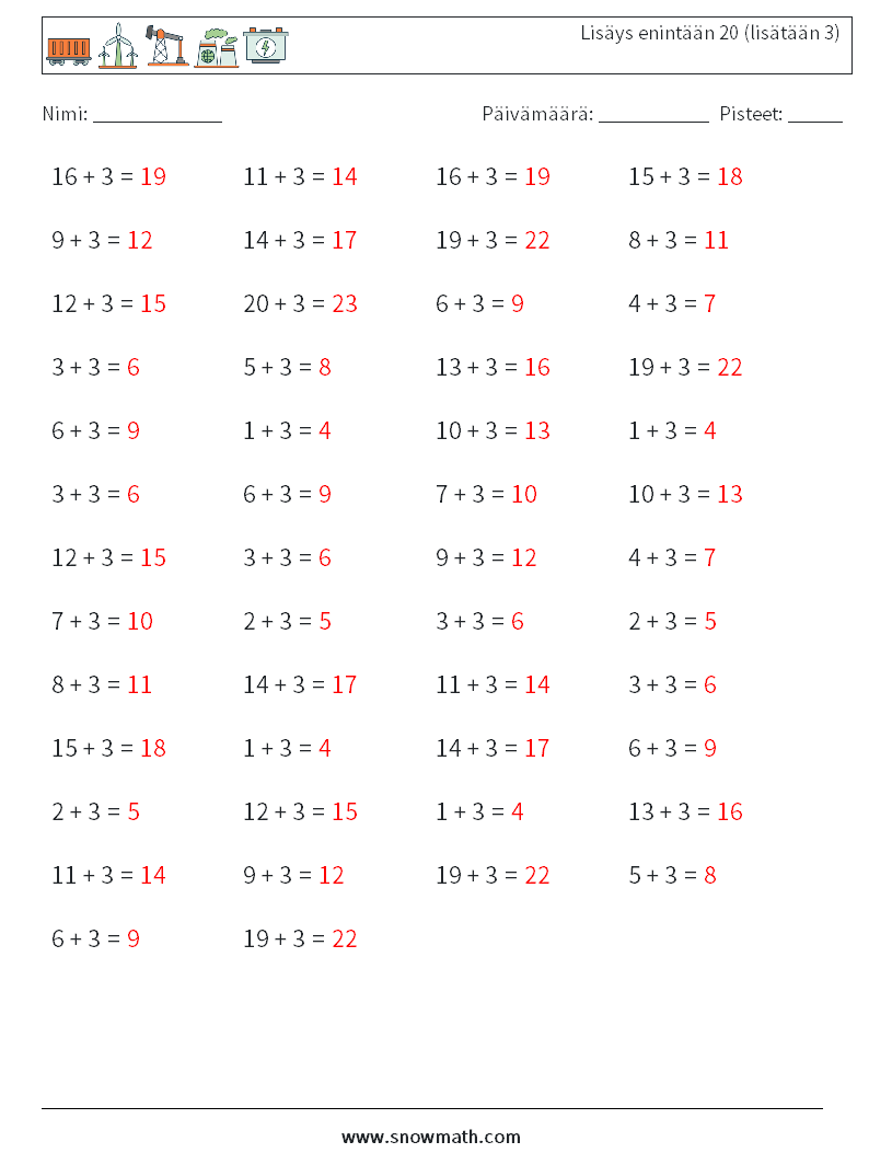 (50) Lisäys enintään 20 (lisätään 3) Matematiikan laskentataulukot 4 Kysymys, vastaus