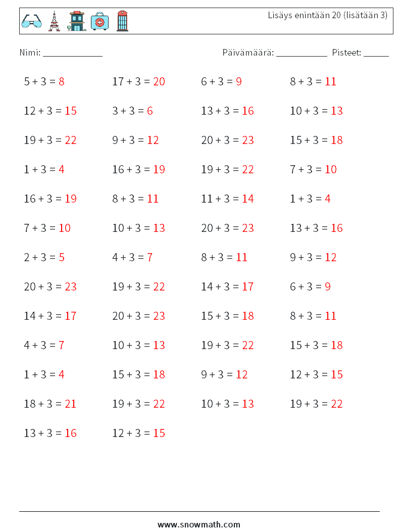 (50) Lisäys enintään 20 (lisätään 3) Matematiikan laskentataulukot 6 Kysymys, vastaus