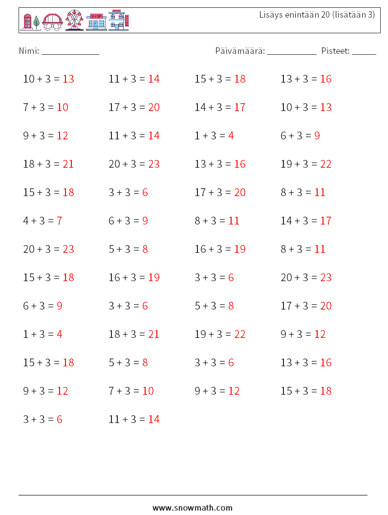 (50) Lisäys enintään 20 (lisätään 3) Matematiikan laskentataulukot 7 Kysymys, vastaus