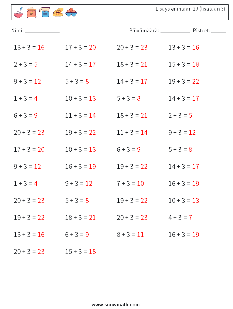(50) Lisäys enintään 20 (lisätään 3) Matematiikan laskentataulukot 8 Kysymys, vastaus