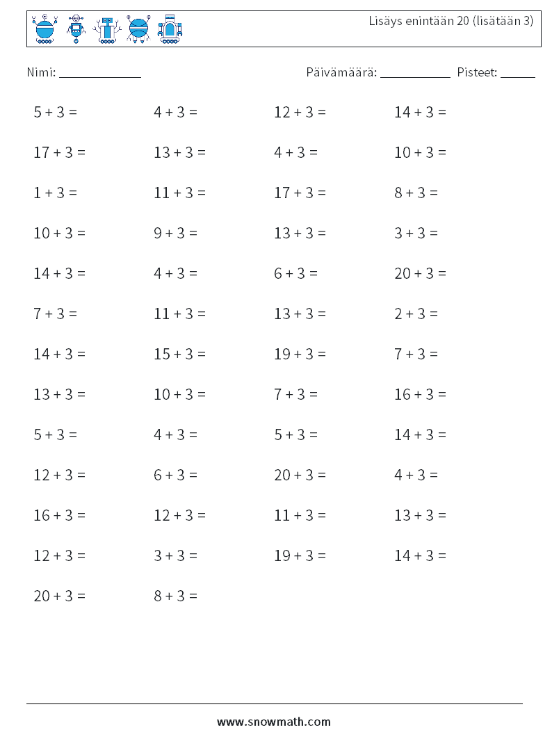 (50) Lisäys enintään 20 (lisätään 3) Matematiikan laskentataulukot 9