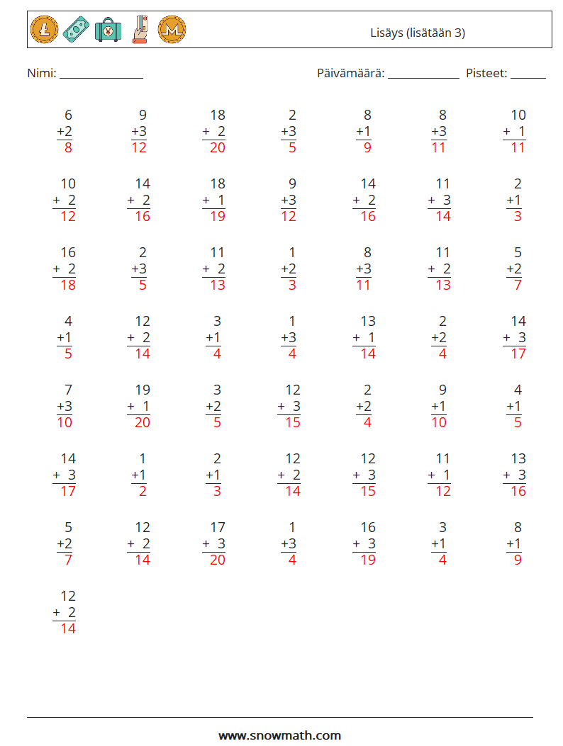 (50) Lisäys (lisätään 3) Matematiikan laskentataulukot 15 Kysymys, vastaus