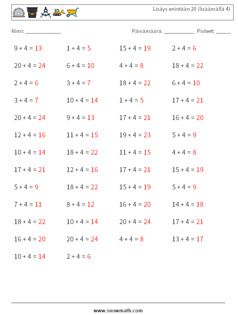 (50) Lisäys enintään 20 (lisäämällä 4) Matematiikan laskentataulukot 1 Kysymys, vastaus