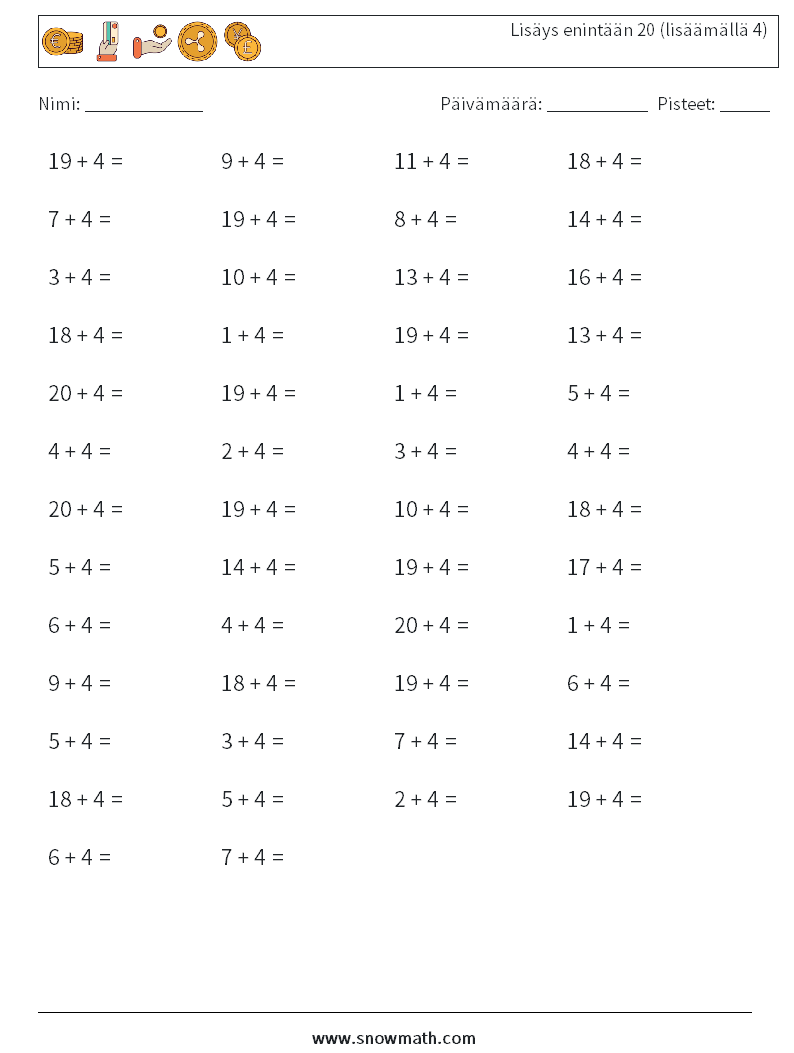 (50) Lisäys enintään 20 (lisäämällä 4) Matematiikan laskentataulukot 2