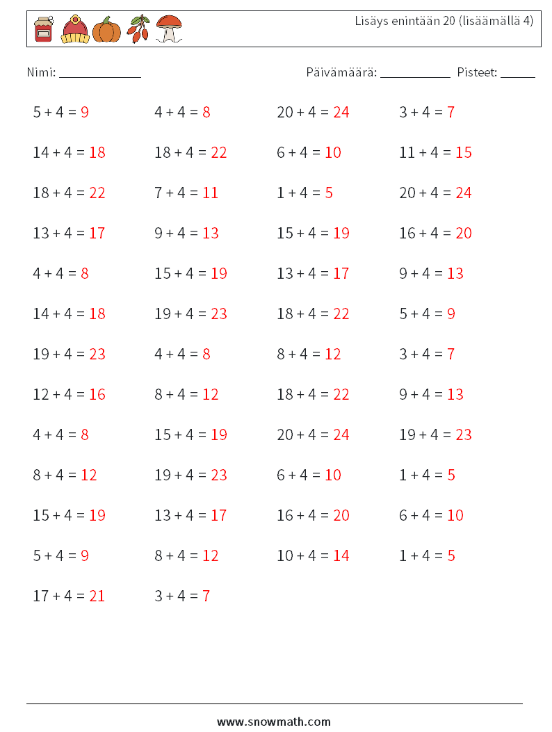 (50) Lisäys enintään 20 (lisäämällä 4) Matematiikan laskentataulukot 3 Kysymys, vastaus