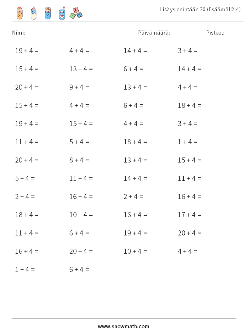 (50) Lisäys enintään 20 (lisäämällä 4) Matematiikan laskentataulukot 4