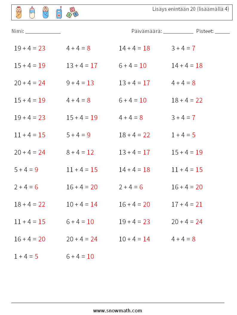 (50) Lisäys enintään 20 (lisäämällä 4) Matematiikan laskentataulukot 4 Kysymys, vastaus