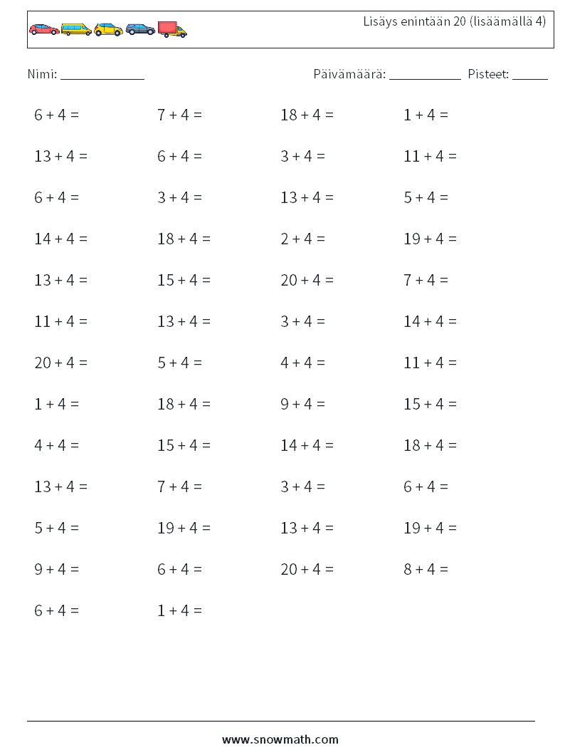 (50) Lisäys enintään 20 (lisäämällä 4) Matematiikan laskentataulukot 5