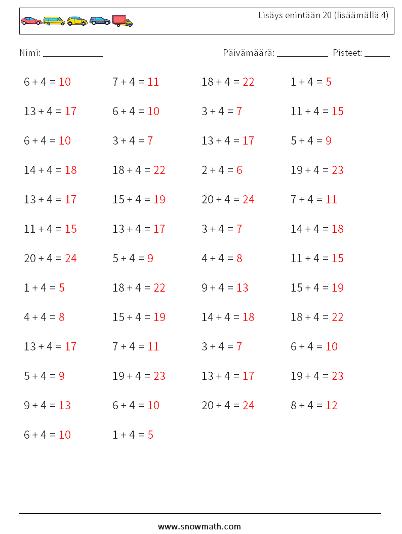 (50) Lisäys enintään 20 (lisäämällä 4) Matematiikan laskentataulukot 5 Kysymys, vastaus