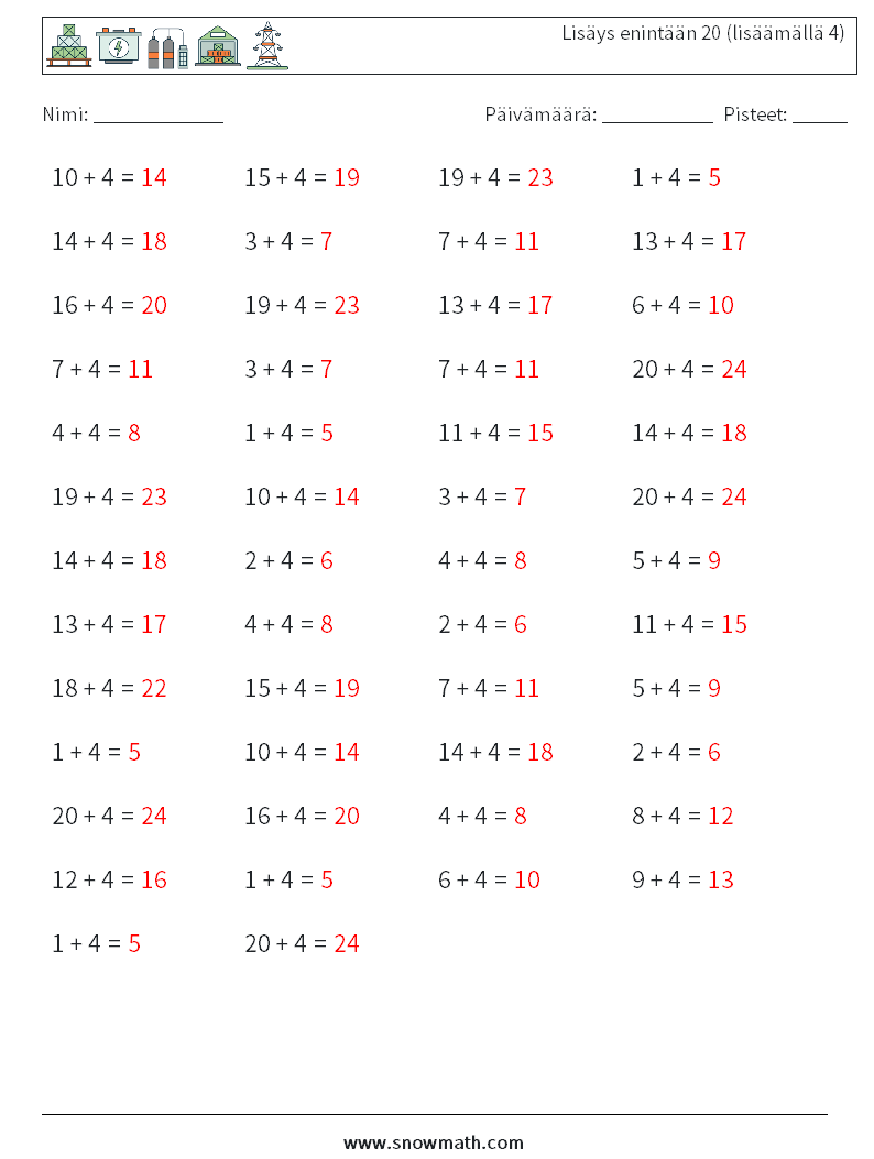 (50) Lisäys enintään 20 (lisäämällä 4) Matematiikan laskentataulukot 6 Kysymys, vastaus