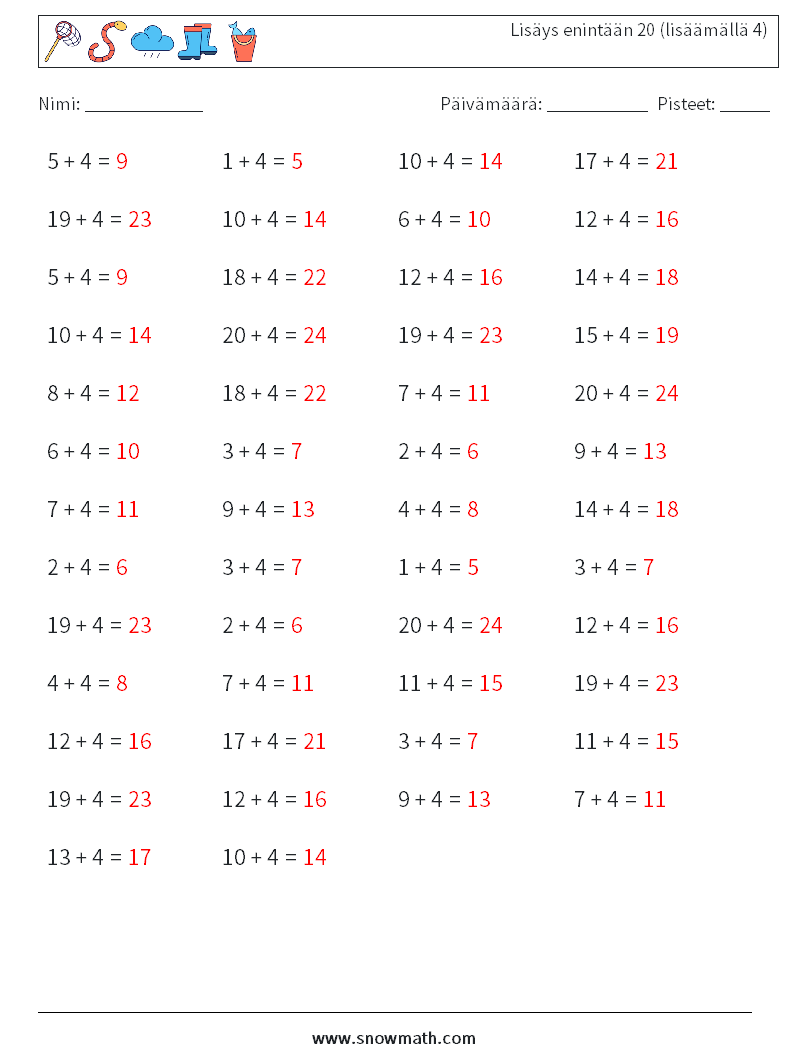 (50) Lisäys enintään 20 (lisäämällä 4) Matematiikan laskentataulukot 7 Kysymys, vastaus