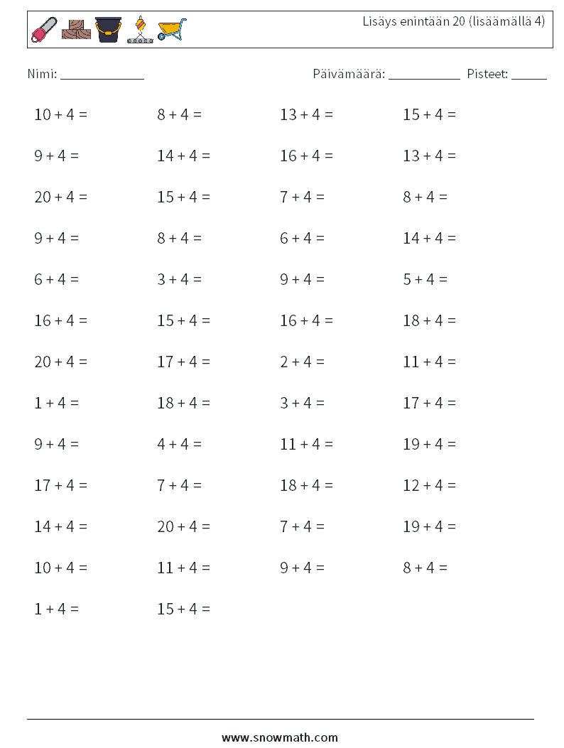 (50) Lisäys enintään 20 (lisäämällä 4) Matematiikan laskentataulukot 9