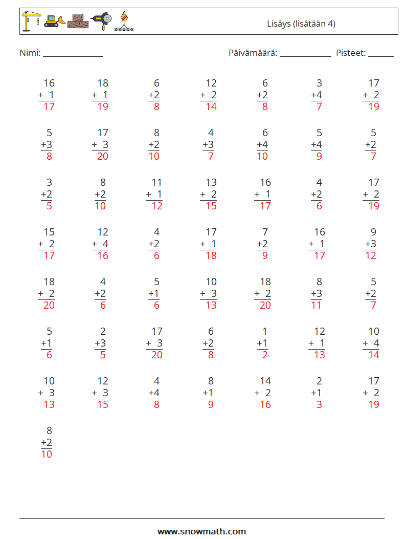 (50) Lisäys (lisätään 4) Matematiikan laskentataulukot 17 Kysymys, vastaus