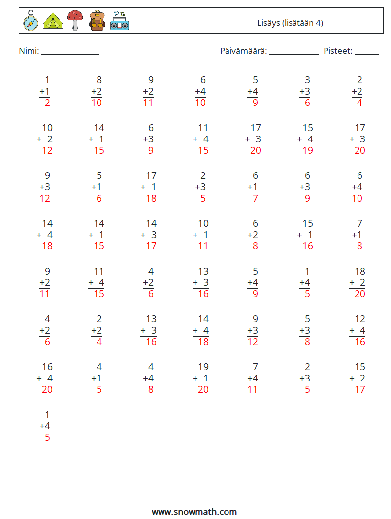 (50) Lisäys (lisätään 4) Matematiikan laskentataulukot 18 Kysymys, vastaus