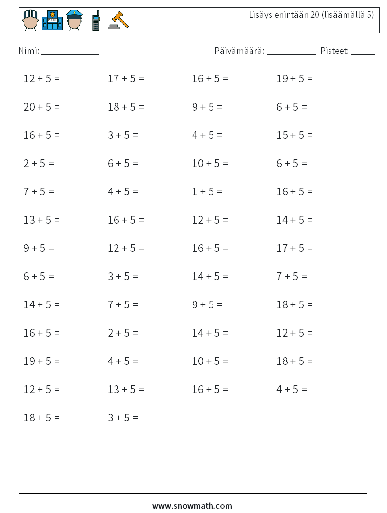 (50) Lisäys enintään 20 (lisäämällä 5) Matematiikan laskentataulukot 3