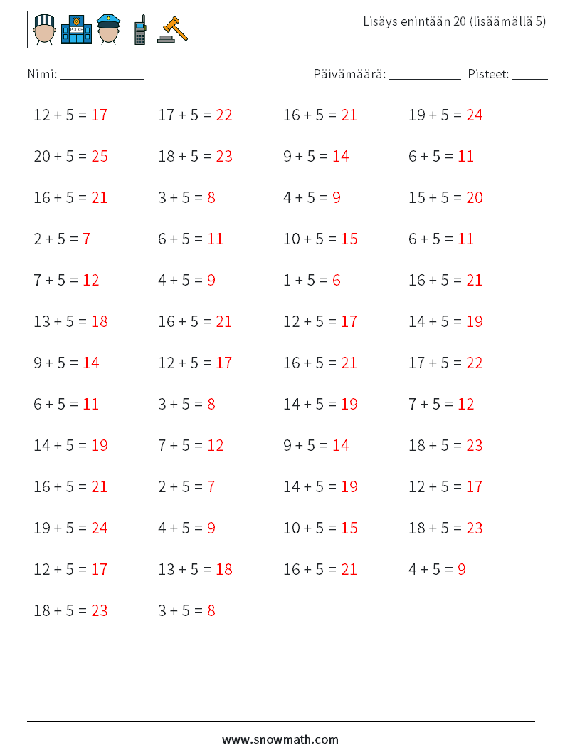 (50) Lisäys enintään 20 (lisäämällä 5) Matematiikan laskentataulukot 3 Kysymys, vastaus