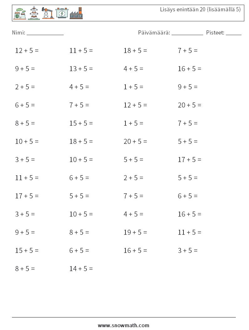 (50) Lisäys enintään 20 (lisäämällä 5) Matematiikan laskentataulukot 4
