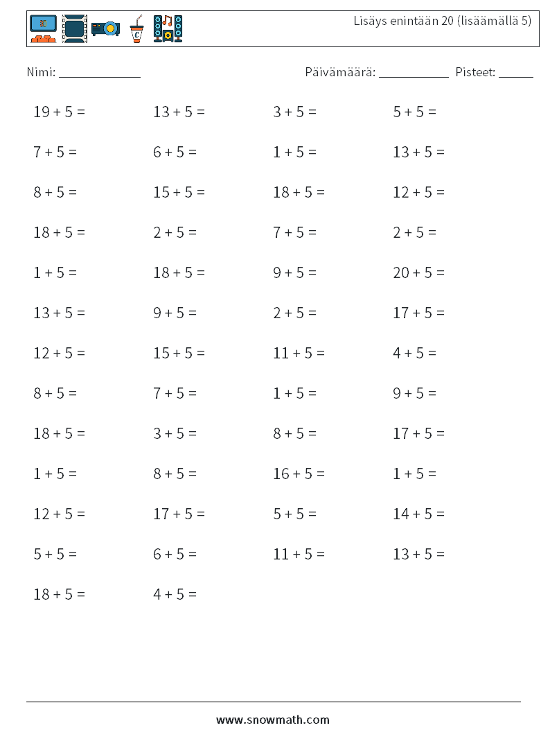 (50) Lisäys enintään 20 (lisäämällä 5) Matematiikan laskentataulukot 5
