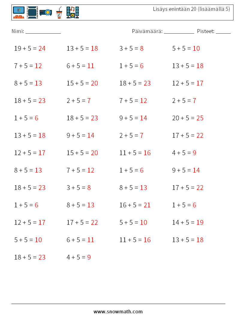 (50) Lisäys enintään 20 (lisäämällä 5) Matematiikan laskentataulukot 5 Kysymys, vastaus
