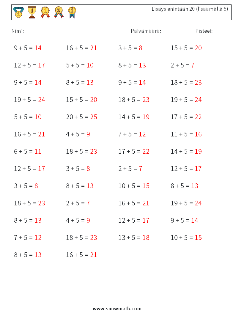 (50) Lisäys enintään 20 (lisäämällä 5) Matematiikan laskentataulukot 6 Kysymys, vastaus