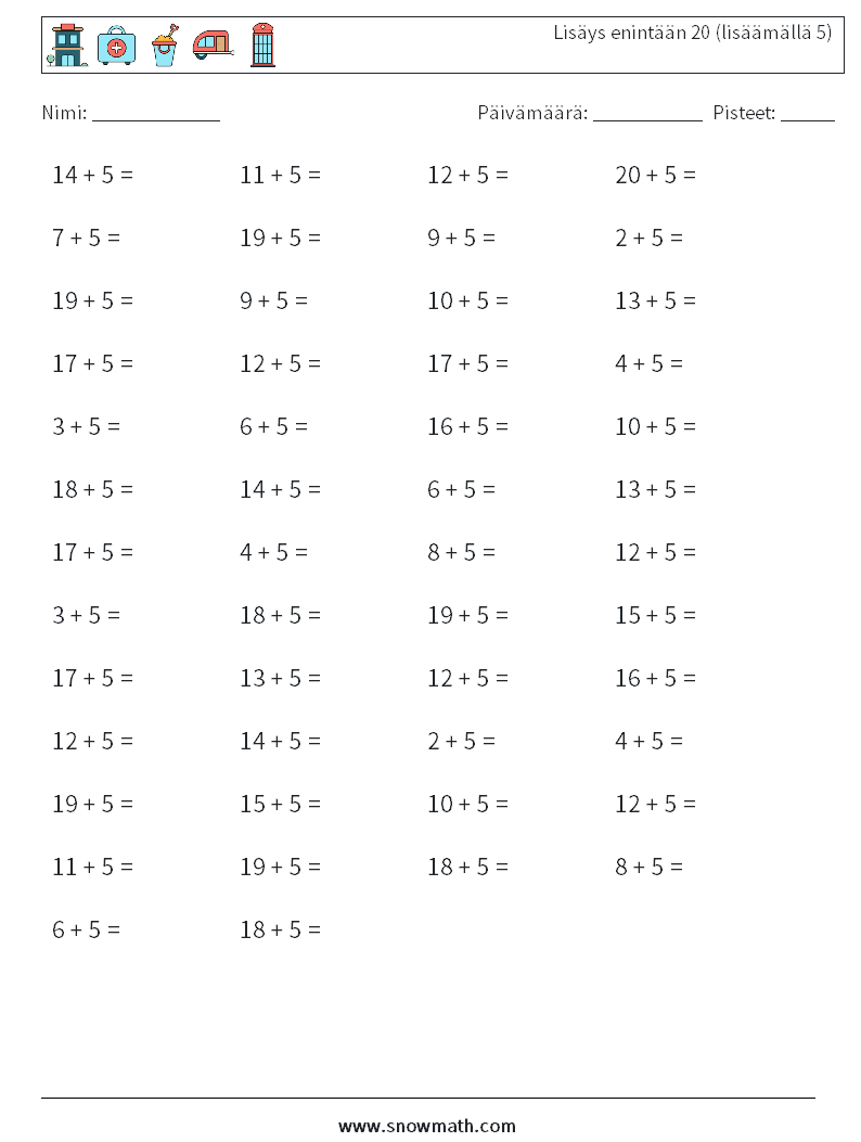 (50) Lisäys enintään 20 (lisäämällä 5) Matematiikan laskentataulukot 7