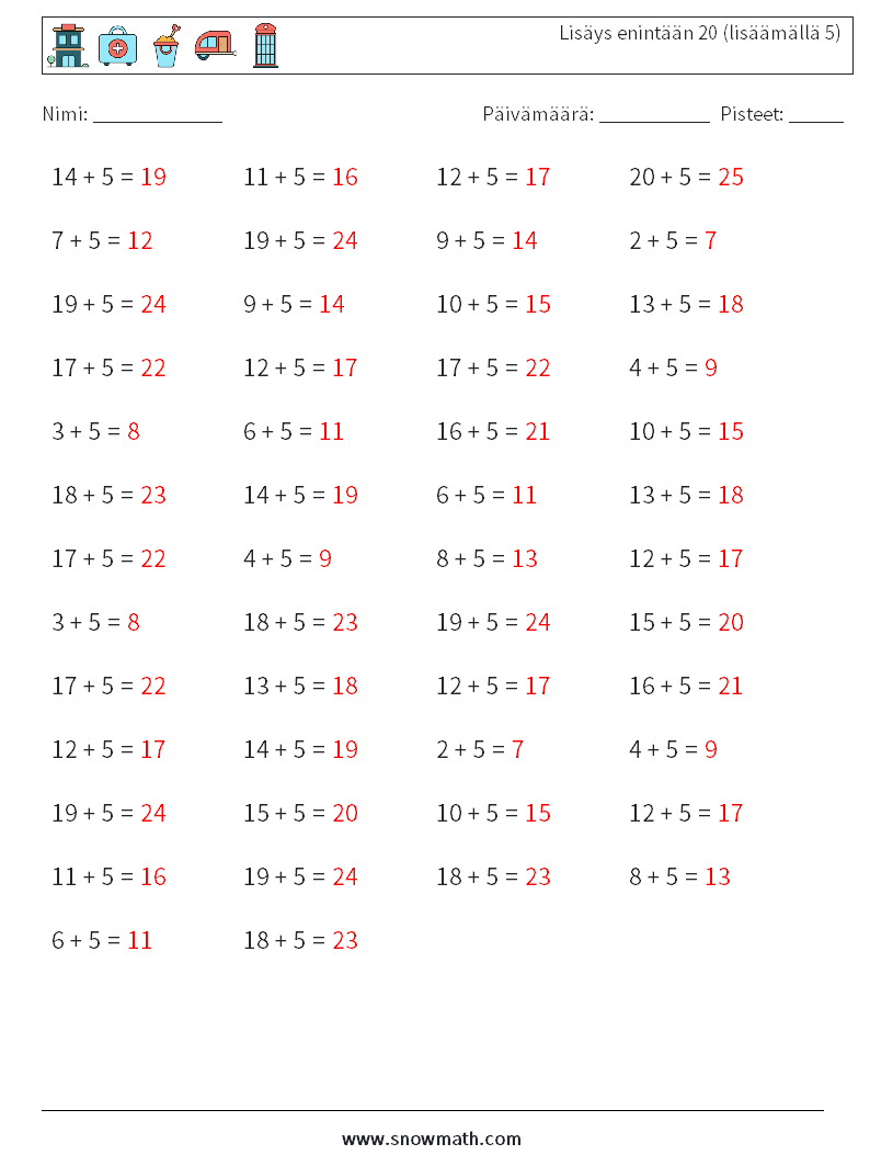 (50) Lisäys enintään 20 (lisäämällä 5) Matematiikan laskentataulukot 7 Kysymys, vastaus