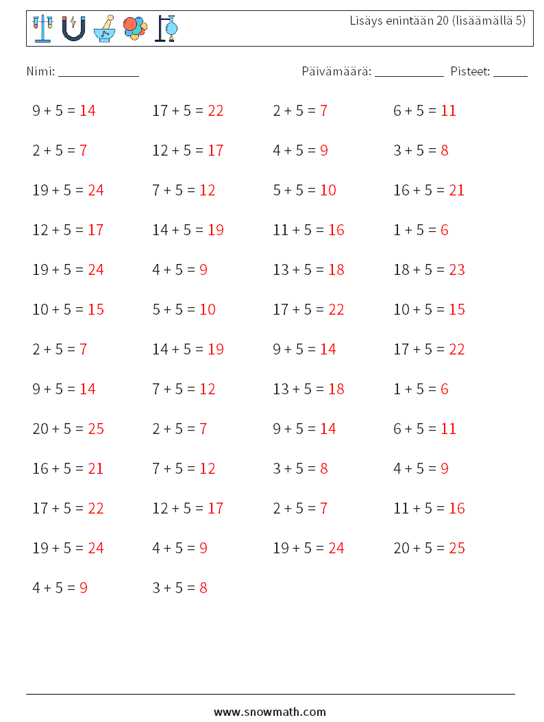 (50) Lisäys enintään 20 (lisäämällä 5) Matematiikan laskentataulukot 8 Kysymys, vastaus