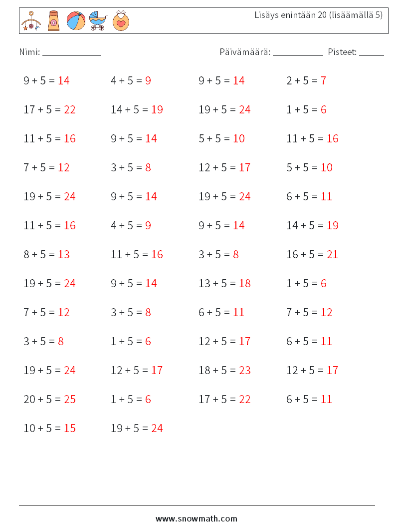 (50) Lisäys enintään 20 (lisäämällä 5) Matematiikan laskentataulukot 9 Kysymys, vastaus