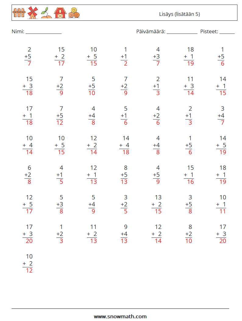 (50) Lisäys (lisätään 5) Matematiikan laskentataulukot 11 Kysymys, vastaus