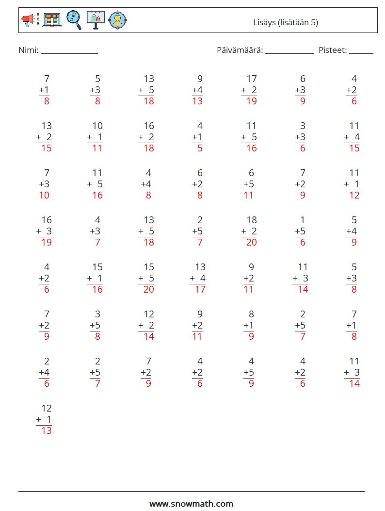 (50) Lisäys (lisätään 5) Matematiikan laskentataulukot 12 Kysymys, vastaus