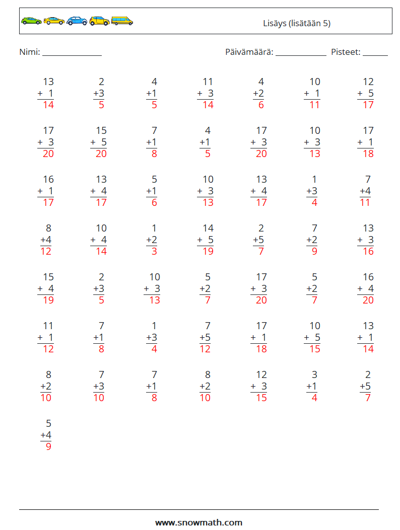 (50) Lisäys (lisätään 5) Matematiikan laskentataulukot 13 Kysymys, vastaus