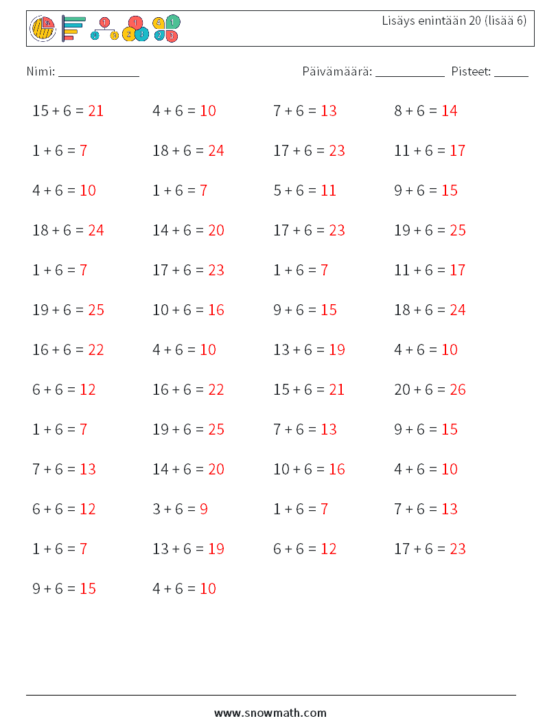 (50) Lisäys enintään 20 (lisää 6) Matematiikan laskentataulukot 1 Kysymys, vastaus