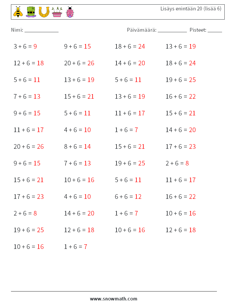 (50) Lisäys enintään 20 (lisää 6) Matematiikan laskentataulukot 3 Kysymys, vastaus