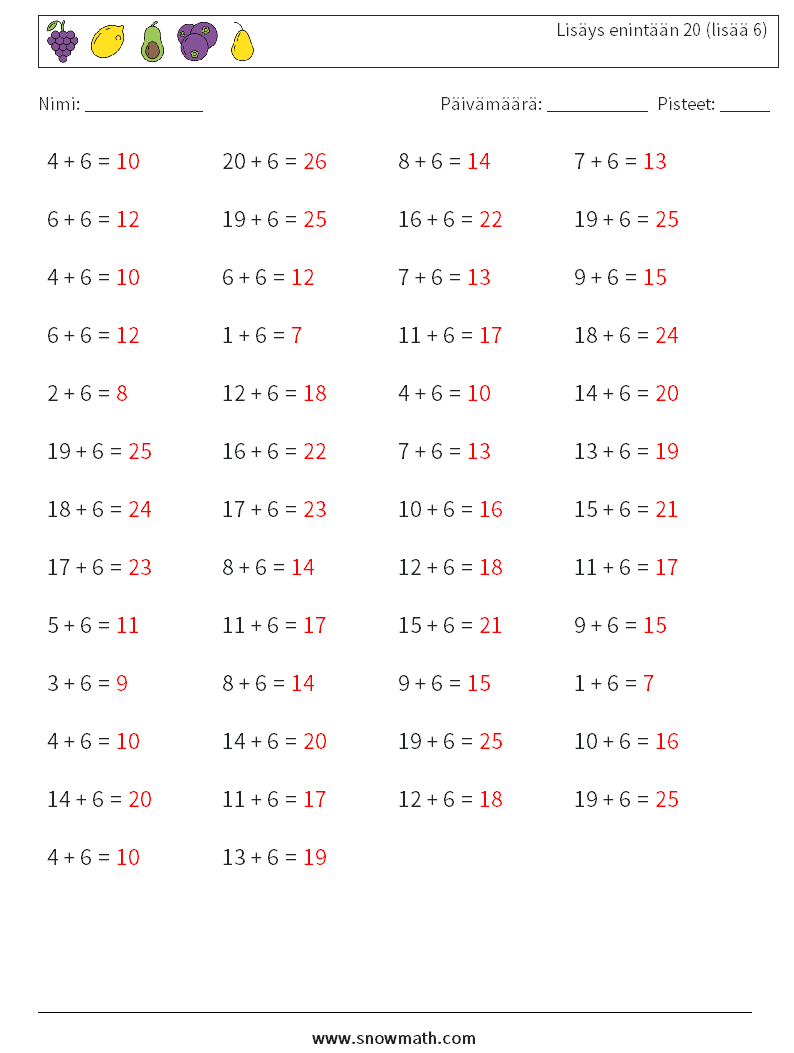 (50) Lisäys enintään 20 (lisää 6) Matematiikan laskentataulukot 4 Kysymys, vastaus