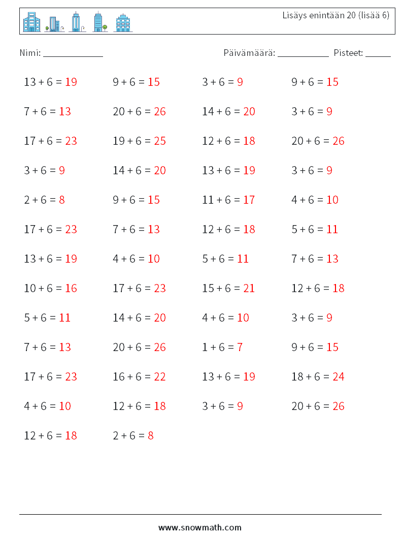 (50) Lisäys enintään 20 (lisää 6) Matematiikan laskentataulukot 6 Kysymys, vastaus