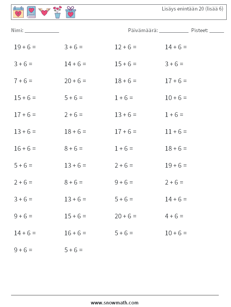 (50) Lisäys enintään 20 (lisää 6) Matematiikan laskentataulukot 7