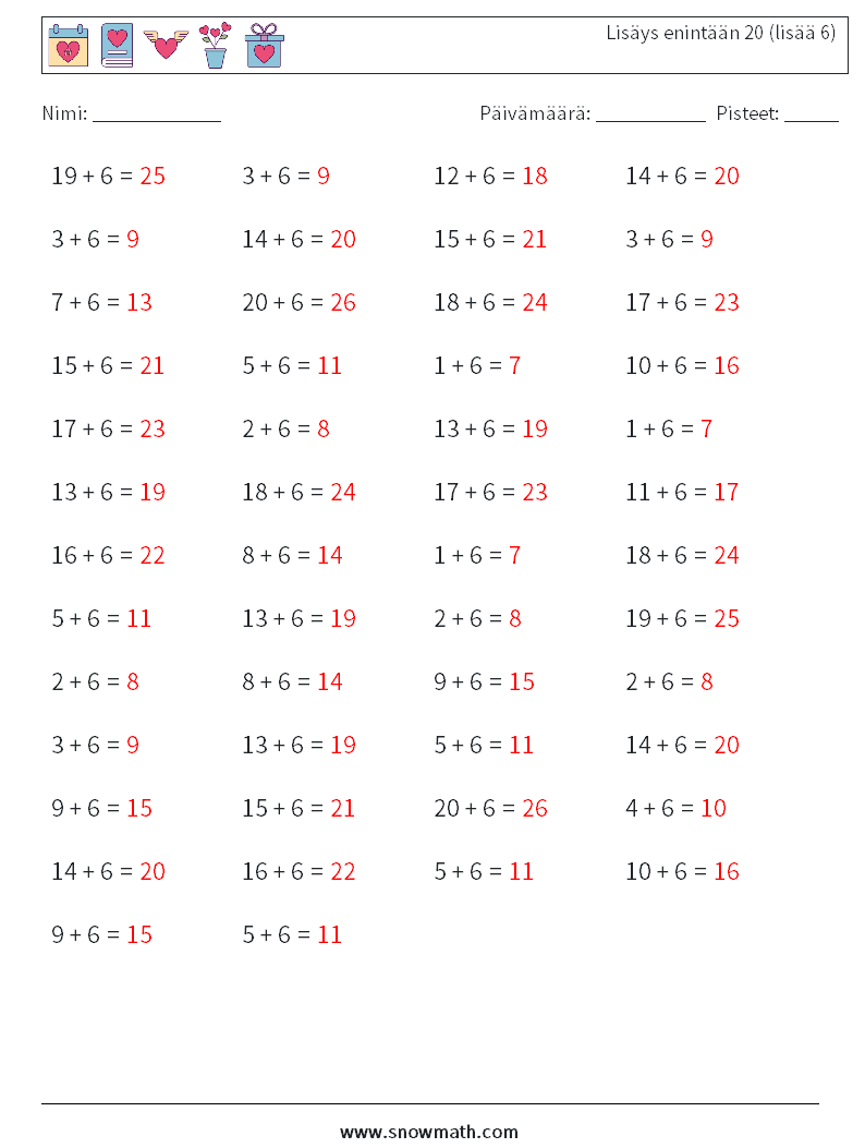 (50) Lisäys enintään 20 (lisää 6) Matematiikan laskentataulukot 7 Kysymys, vastaus