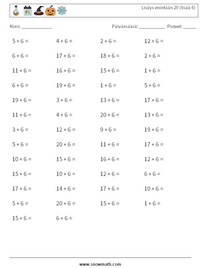 (50) Lisäys enintään 20 (lisää 6) Matematiikan laskentataulukot 8