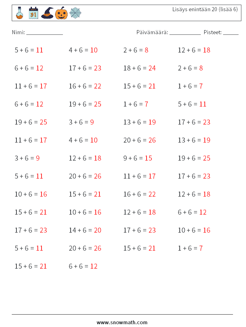 (50) Lisäys enintään 20 (lisää 6) Matematiikan laskentataulukot 8 Kysymys, vastaus