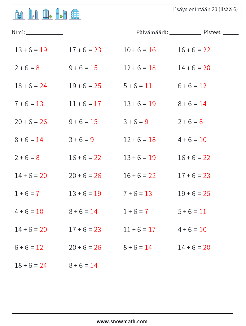 (50) Lisäys enintään 20 (lisää 6) Matematiikan laskentataulukot 9 Kysymys, vastaus