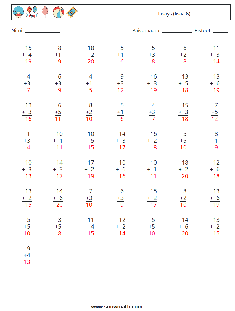 (50) Lisäys (lisää 6) Matematiikan laskentataulukot 10 Kysymys, vastaus