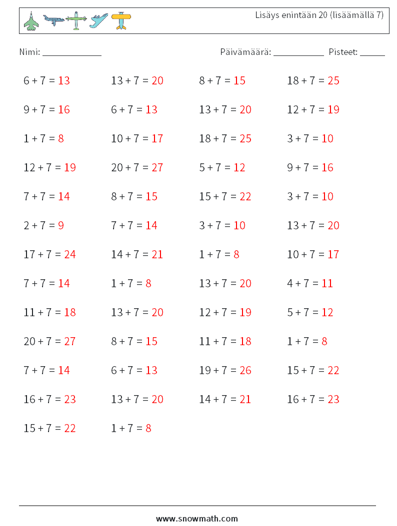 (50) Lisäys enintään 20 (lisäämällä 7) Matematiikan laskentataulukot 1 Kysymys, vastaus