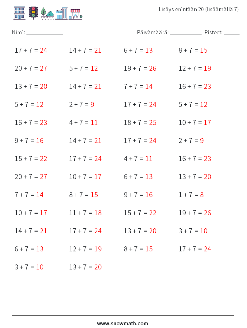 (50) Lisäys enintään 20 (lisäämällä 7) Matematiikan laskentataulukot 2 Kysymys, vastaus