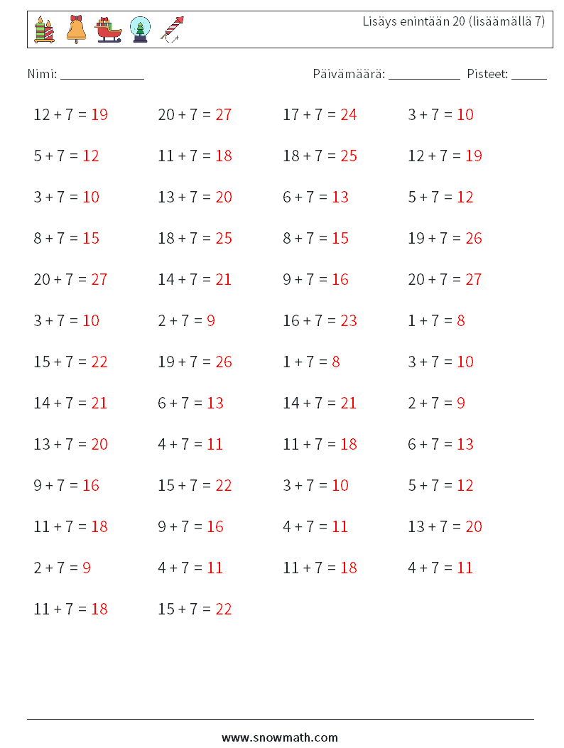 (50) Lisäys enintään 20 (lisäämällä 7) Matematiikan laskentataulukot 3 Kysymys, vastaus
