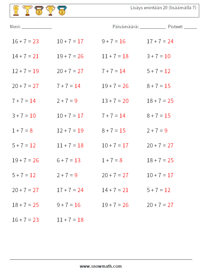 (50) Lisäys enintään 20 (lisäämällä 7) Matematiikan laskentataulukot 4 Kysymys, vastaus