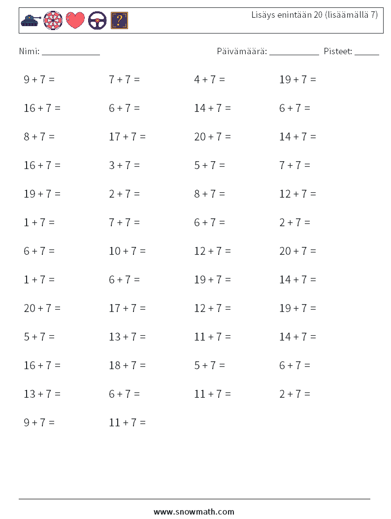 (50) Lisäys enintään 20 (lisäämällä 7) Matematiikan laskentataulukot 5
