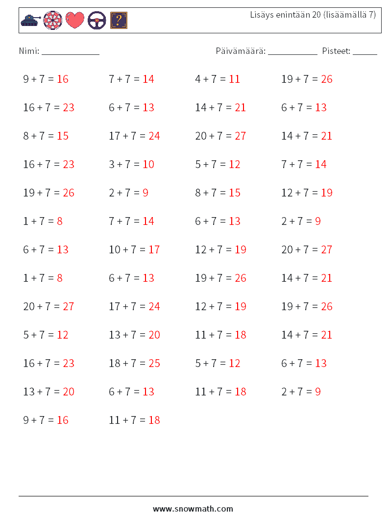 (50) Lisäys enintään 20 (lisäämällä 7) Matematiikan laskentataulukot 5 Kysymys, vastaus