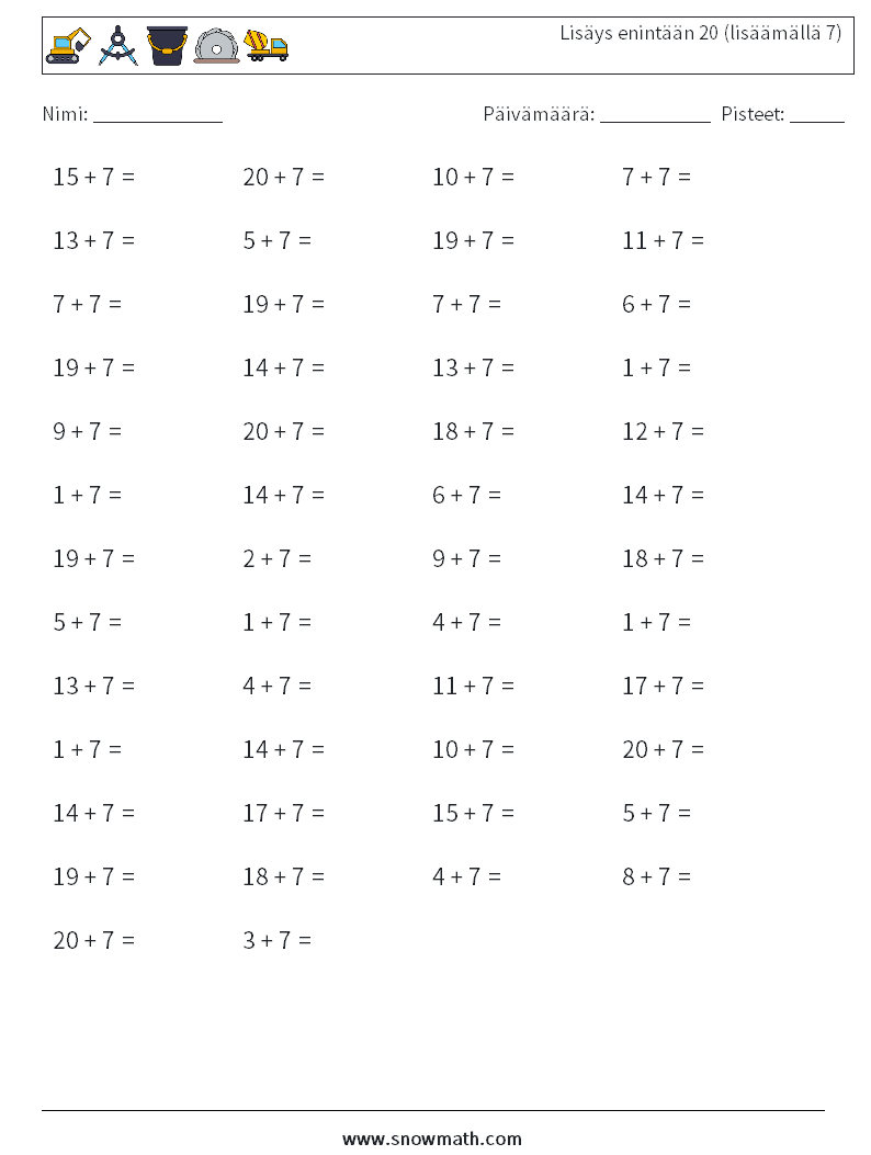 (50) Lisäys enintään 20 (lisäämällä 7) Matematiikan laskentataulukot 6