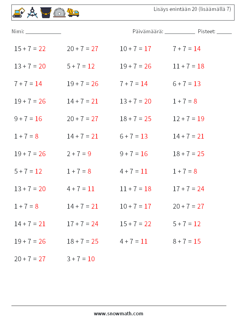 (50) Lisäys enintään 20 (lisäämällä 7) Matematiikan laskentataulukot 6 Kysymys, vastaus